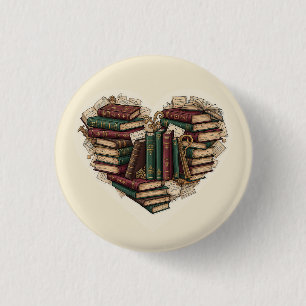 Boek Hart Knop   Vintage Esthetische Lezer Speld Ronde Button 3,2 Cm