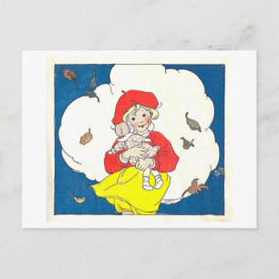 boek illustratie meisje met pop briefkaart