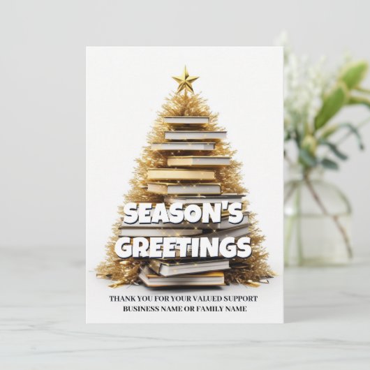 Boek kerstboom schrijver vakantie groetjes foto feestdagenkaart (Staand voorkant)