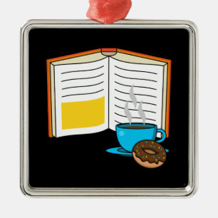 Boek Koffie en Donut Cartoon Metalen Ornament