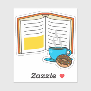 Boek Koffie en Donut Cartoon Sticker