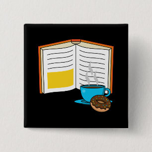 Boek Koffie en Donut Cartoon Vierkante Button 5,1 Cm