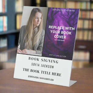Boek lancering ondertekening foto auteur marketing reclamebord met voetstuk