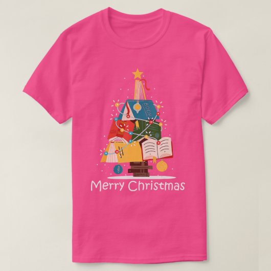 Boek met kerstboom Koekworm Librarian Merry T-shirt (Design voorkant)