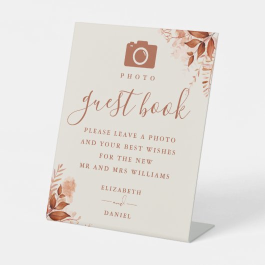 Boek met rustieke bloemen foto's voor herfstbruilo reclamebord met voetstuk (Voorkant)