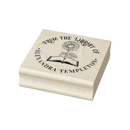 Boek met zonnebloem “Uit de bibliotheek van” Rond Rubberstempel (Stempel)