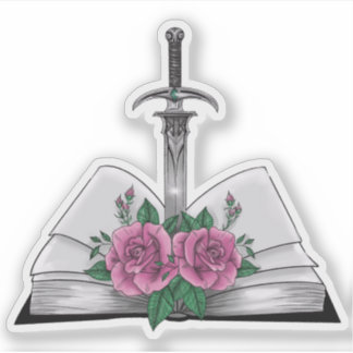 Boek met zwaard en rozen sticker