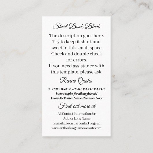 Boek Promotie Auteur Business Writer Visitekaartje (Achterkant)