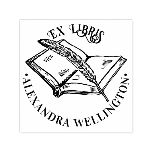 Boek & Quill Ex Libris Bibliotheek Boeknaam Rond Zelfinktende Stempel (Design)