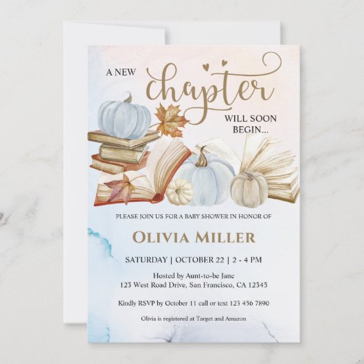 Boek Thema Herfst Blauw pompoen Baby shower Kaart (Voorkant)