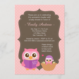 Boek Thema, Roze Knuffel Uil Baby Shower Uitnodigi Kaart