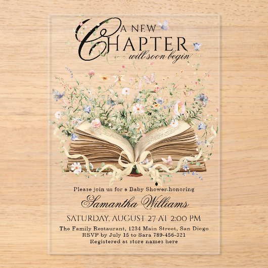 Boek Wildflower Een nieuw hoofdstuk Begin Baby sho Acryl Uitnodigingen (Voorkant)