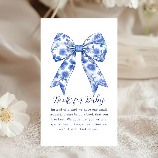 boekaanvraag | Blue Chinoiserie Bow Baby shower Informatiekaartje