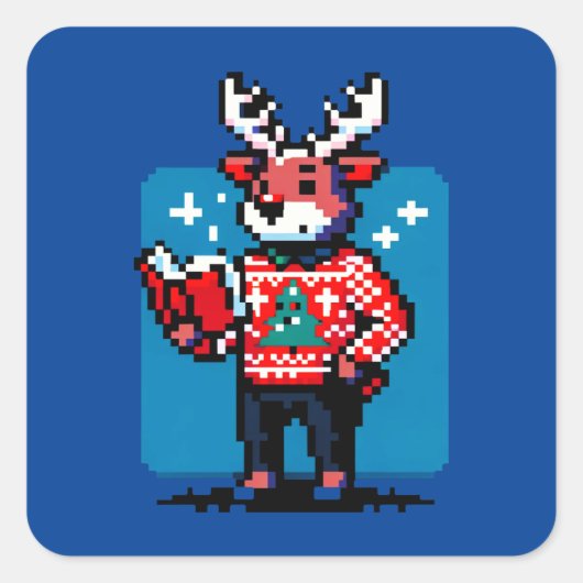 Boekachtig rendier - Gezellig Pixel Art Christmas  Vierkante Sticker (Voorkant)