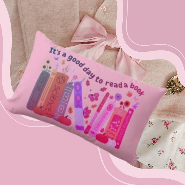 Boekachtige boekliefhebbers, oranje pompoen & herf kussen (Bookish book Lovers Lumbar Pillow light pink color, cute orange pumpkin, fall/autumn, Its A Good Day)