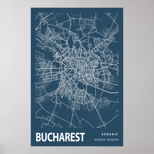 Boekarest Roemenië City Map Line Art Blue Print (Voorkant)