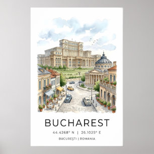 Boekarest stadsgezicht kunstprint handgetekend poster