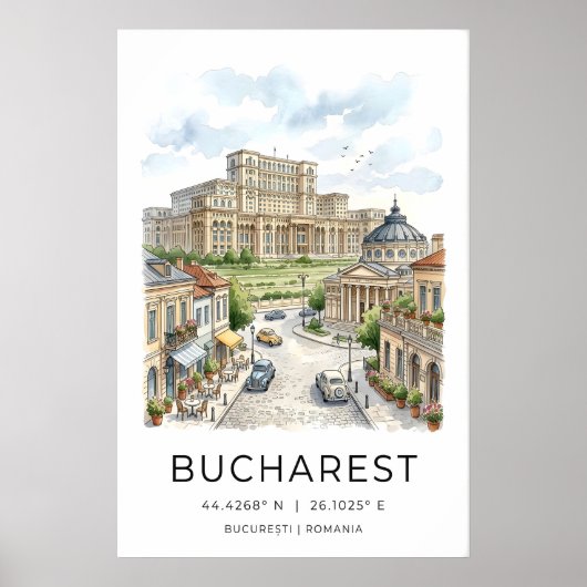 Boekarest stadsgezicht kunstprint handgetekend poster (Voorkant)