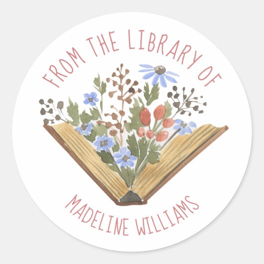 Boekbloemen uit de bibliotheek van het bladlabel ronde sticker (Voorkant)
