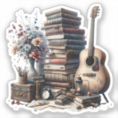  boeken, akoestische gitaar en bloemenvaas sticker (Voorkant)
