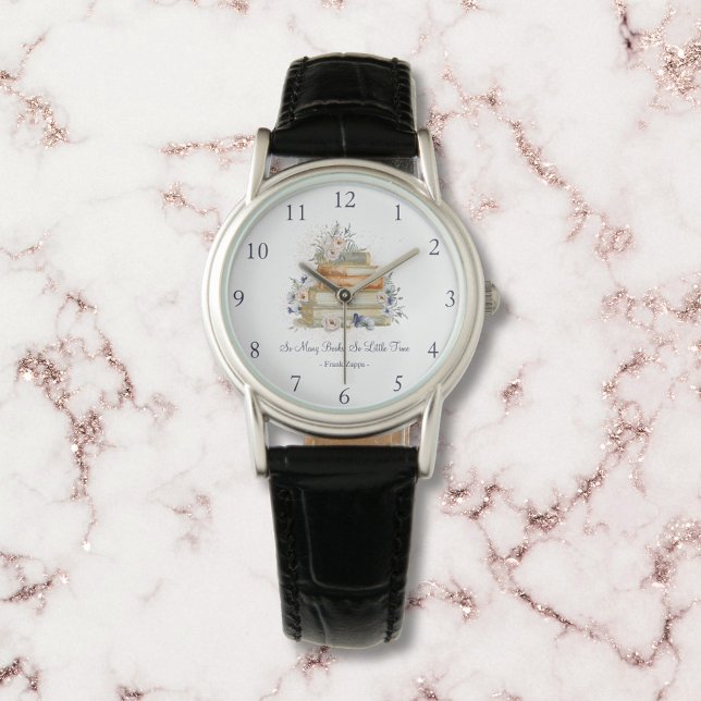  Boeken Beige Blauwe Bloemen Custom Quote Horloge (Close up)