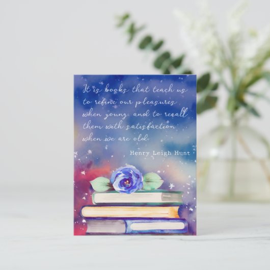 Boeken & Blauwe Bloem Waterverf Script Aangepaste Briefkaart (Staand voorkant)