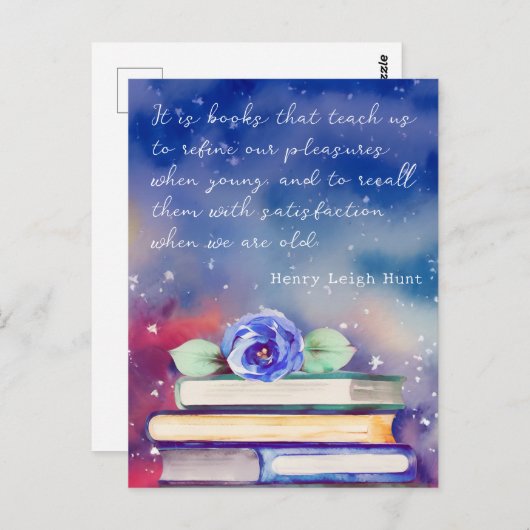 Boeken & Blauwe Bloem Waterverf Script Aangepaste  Briefkaart (Voorkant / Achterkant)
