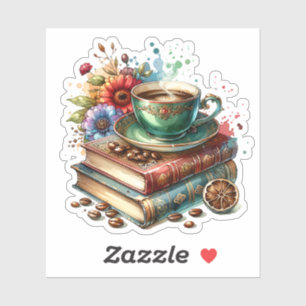  boeken, bloemen en koffie of thee sticker