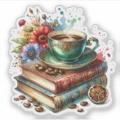 boeken, bloemen en koffie of thee sticker (Voorkant)