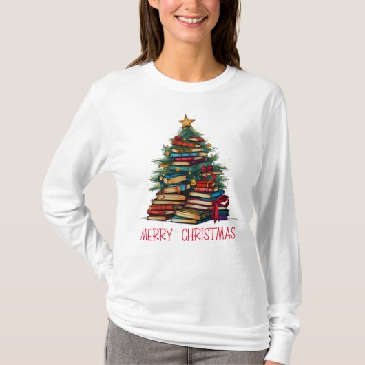 Boeken Boom Vrolijke Kerstmis Lange Mouw T-shirt (Voorkant)
