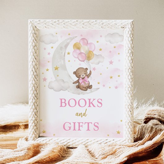 Boeken & Cadeaus Maan Teddybeer Roze Gouden Ballon Poster