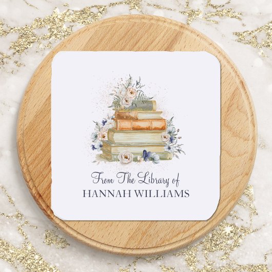 Boeken en  Beige Blue Flowers Boekenplaat Vierkante Sticker