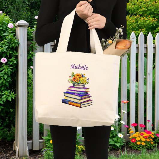   boeken en bloemen gepersonaliseerd grote tote bag