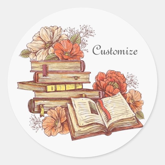 Boeken en bloemen ronde sticker (Voorkant)