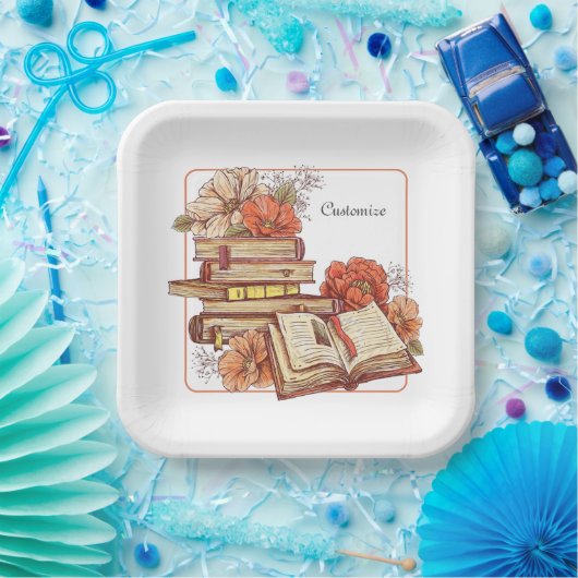 Boeken en Bloemen Vierkant Papieren Bordje (Feest)