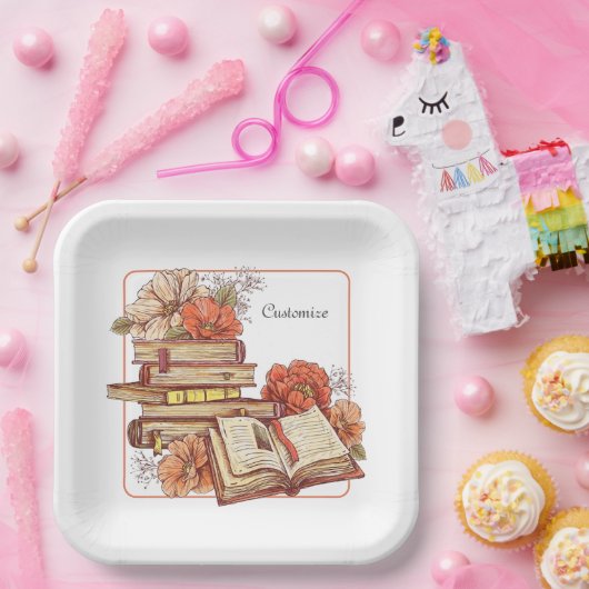 Boeken en Bloemen Vierkant Papieren Bordje (Feest)