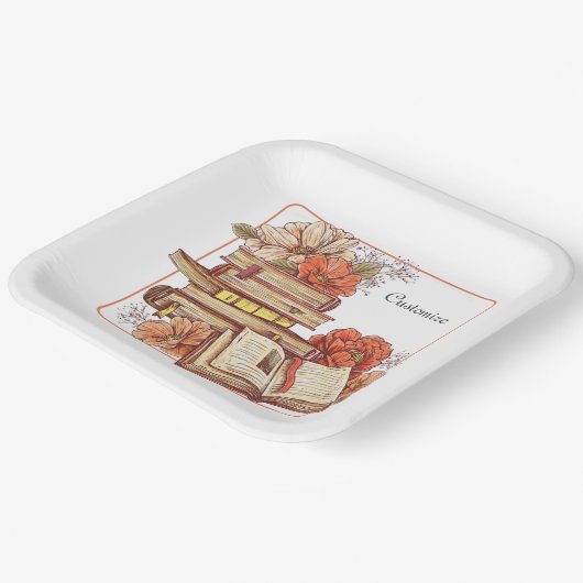 Boeken en Bloemen Vierkant Papieren Bordje (Gebogen)