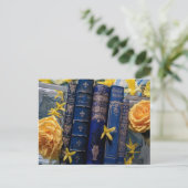 Boeken en bloesems (blauw en geel) briefkaart (Staand voorkant)