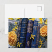 Boeken en bloesems (blauw en geel) briefkaart (Voorkant / Achterkant)