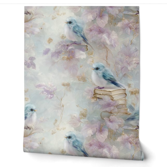  boeken en bluebirds behang (Afrollen)