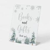 Boeken en cadeaubord, winterzilverglitter reclamebord met voetstuk (Voorkant)