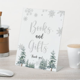 Boeken en cadeaubord, winterzilverglitter reclamebord met voetstuk