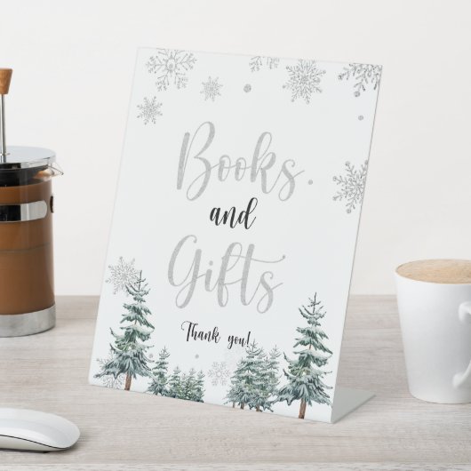 Boeken en cadeaubord, winterzilverglitter reclamebord met voetstuk (Insitu)