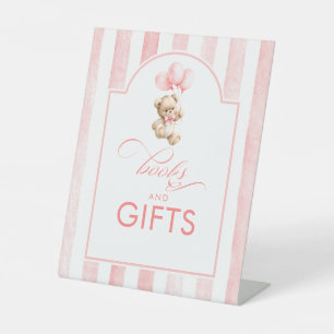 Boeken en cadeaus teddybeer roze baby shower reclamebord met voetstuk