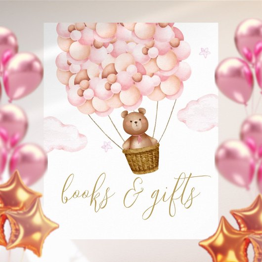 Boeken en cadeaus teddybeer roze babyshower bord poster