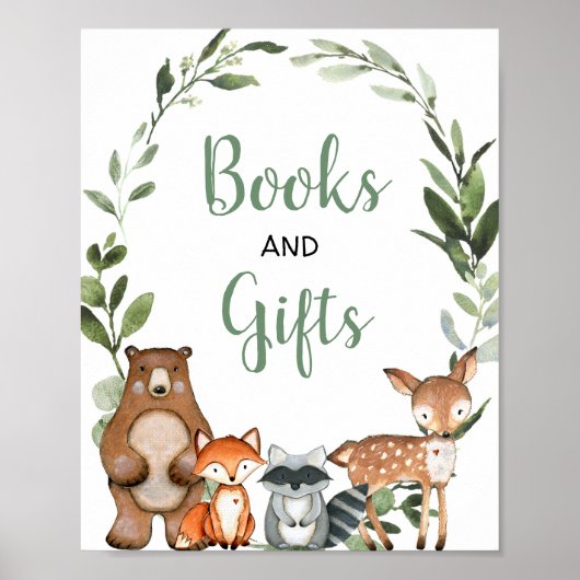 Boeken en geschenken baby shower met groen bosgebi poster (Voorkant)