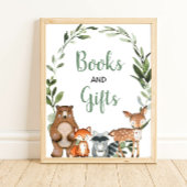 Boeken en geschenken baby shower met groen bosgebi poster