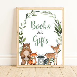 Boeken en geschenken baby shower met groen bosgebi poster