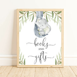 Boeken en geschenken groen olifant baby shower tek poster