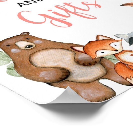 Boeken en giften baby shower met grijze roze bosgr poster (Hoek)